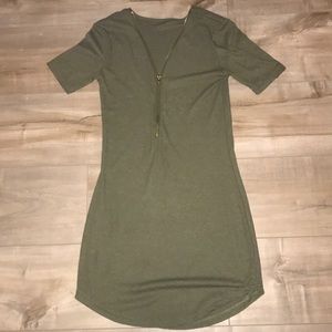 Army green tight front zip dress